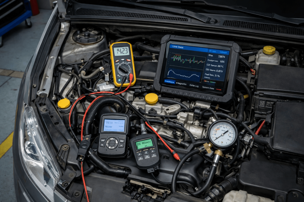 Car engine bay with multiple diagnostic devices measuring live data and sensor readings